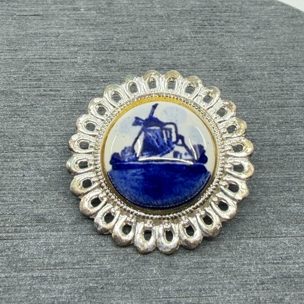 Blue White Delft Style Windmill Cabochon Silver Tone Brooch Pin Dutch Art Gift